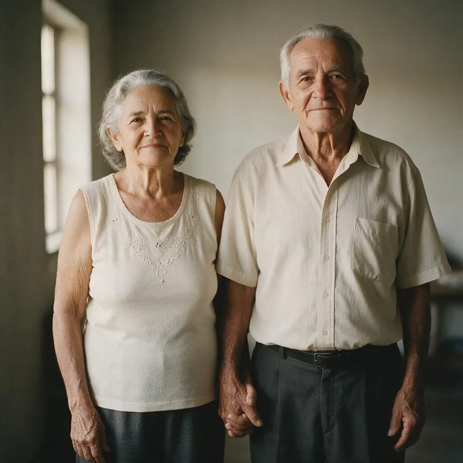 Um casal de pessoas idosas, de mãos dadas, em retrato sereno.